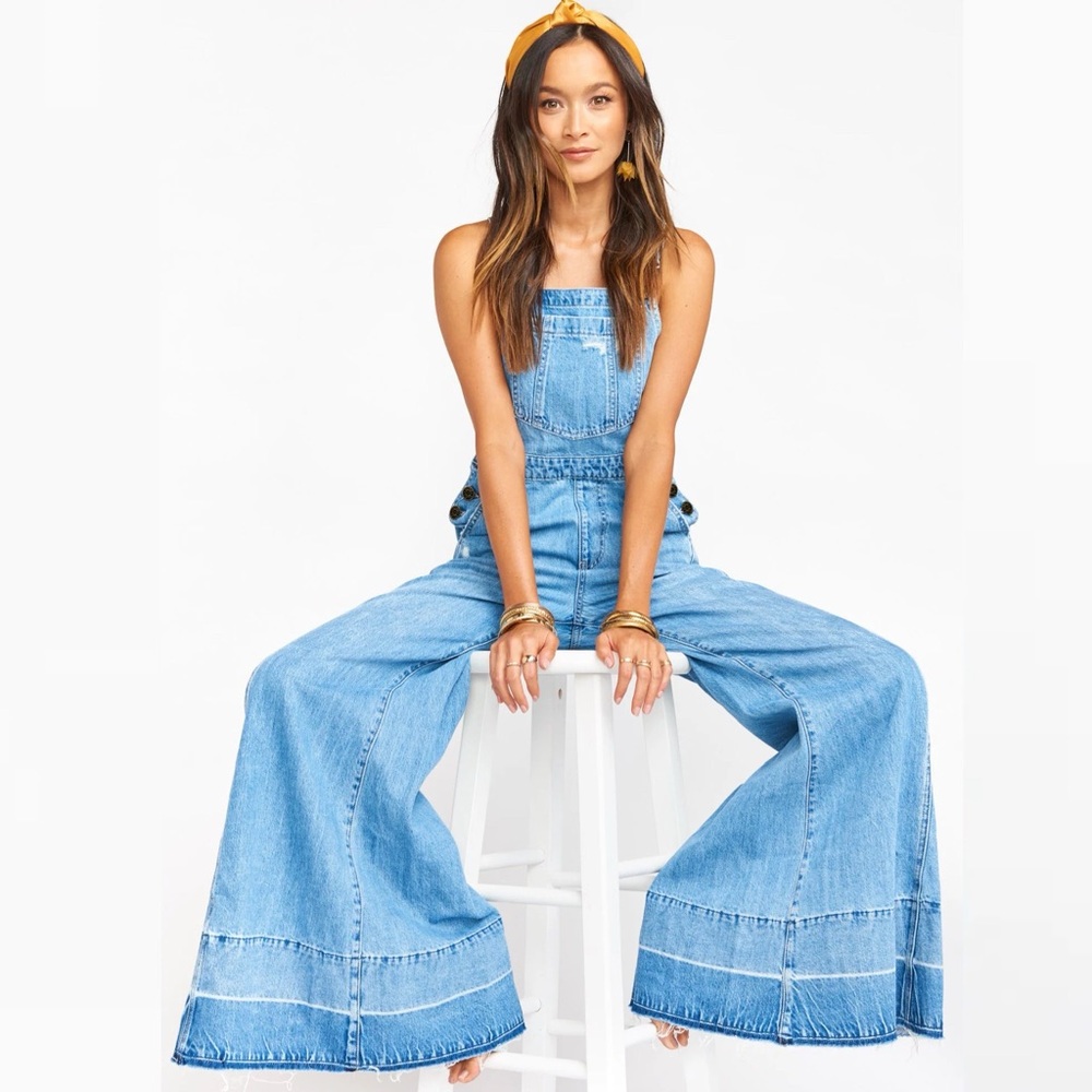 Show Me Your Mumu San Fran Flared Overalls SMYM Wide Leg Blue Denim Medium EUC